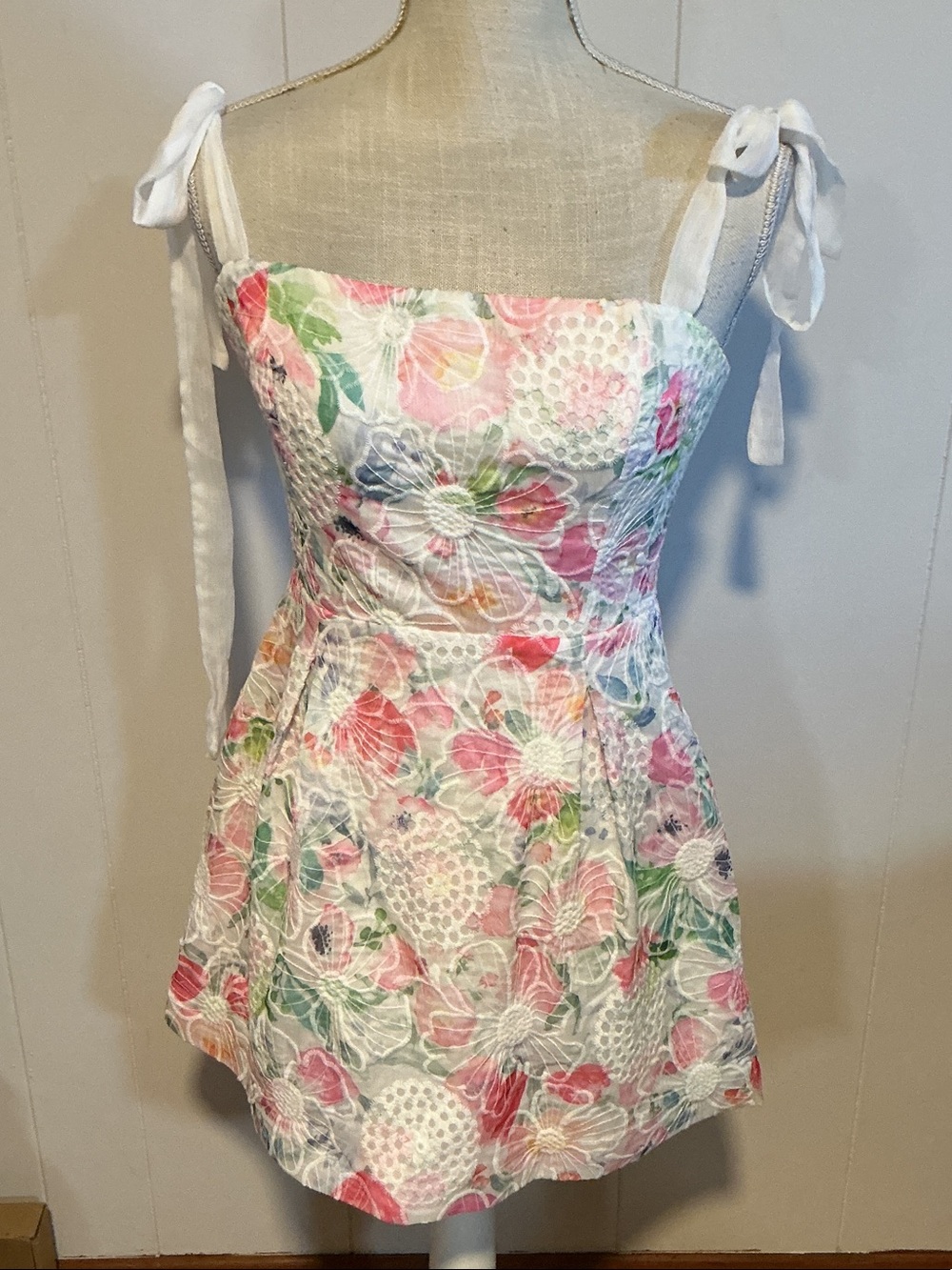 Hello Molly White Floral Tie-Shoulder Chemise with Pink & Green Print